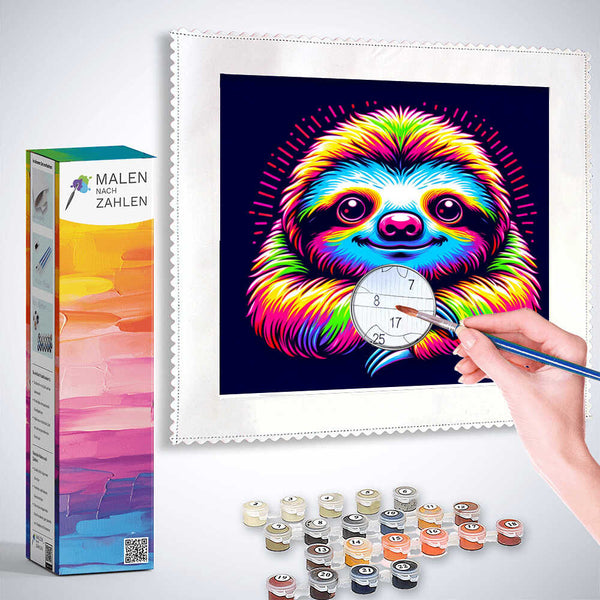 Painting by Numbers kit featuring a colorful sloth design, with a hand holding a brush and numbered paints displayed.