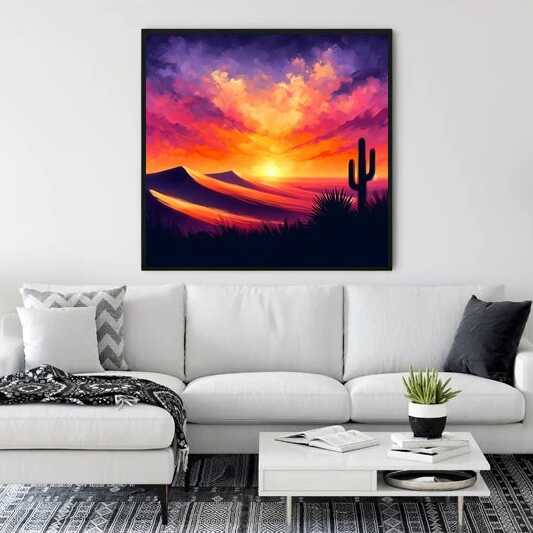 Malen nach Zahlen - Wüstenhimmel Flamme Gemälde an der Wand in modernem Wohnzimmer eingestellt.