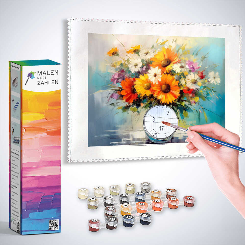 Hand painting colorful floral artwork on canvas with paint-by-numbers kit titled "Farbenfreude im Glas" including vibrant paint colors.