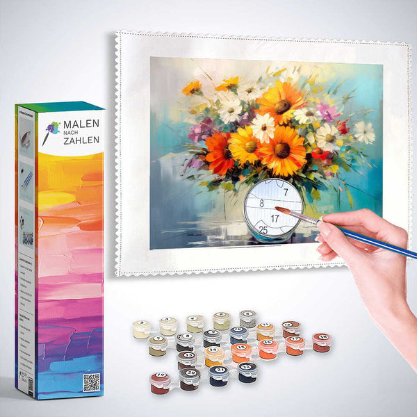 Hand painting colorful floral artwork on canvas with paint-by-numbers kit titled "Farbenfreude im Glas" including vibrant paint colors.