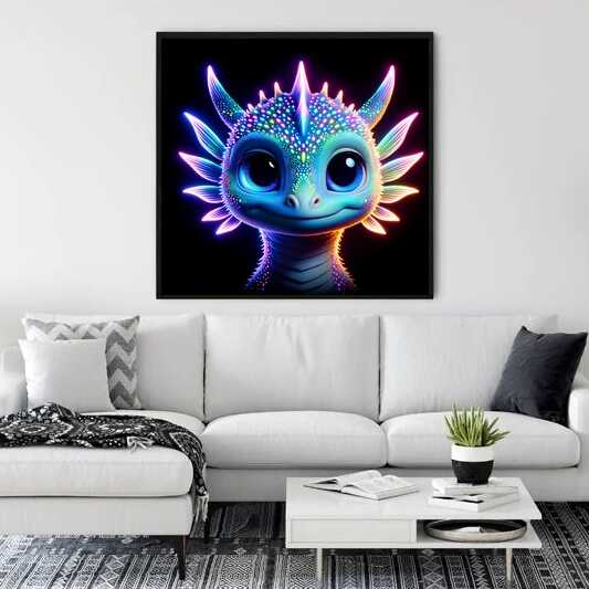 Modern white living room with vibrant painting of a glowing fantastical dragon above sofa - Malen nach Zahlen Leuchtende Wunder