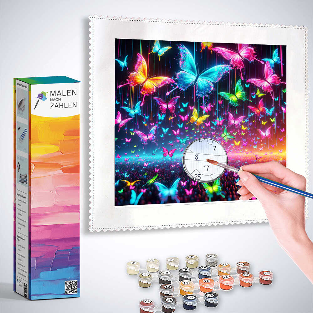 Person painting a vibrant butterfly dance paint-by-numbers kit with colorful butterflies on canvas, surrounded by painting supplies and a box labeled "Malen nach Zahlen".