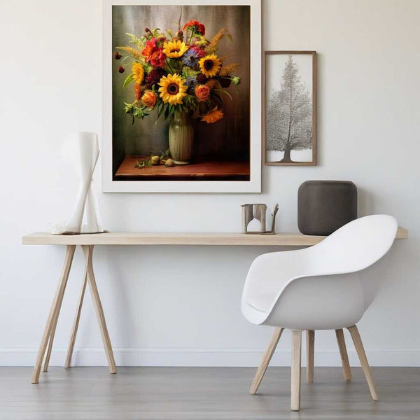 Modern minimalist workspace with a colorful still life painting featuring sunflowers and vibrant flowers in a vase.