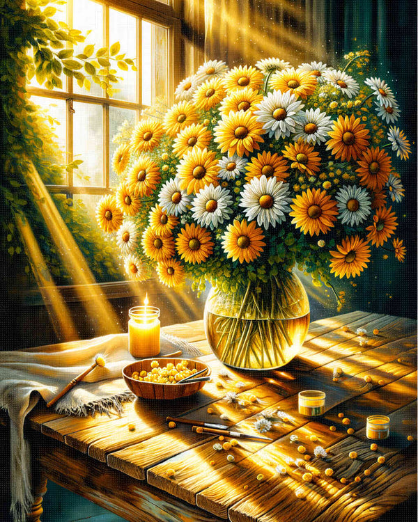 Malen nach Zahlen - Margeritenstrauß am Fenster