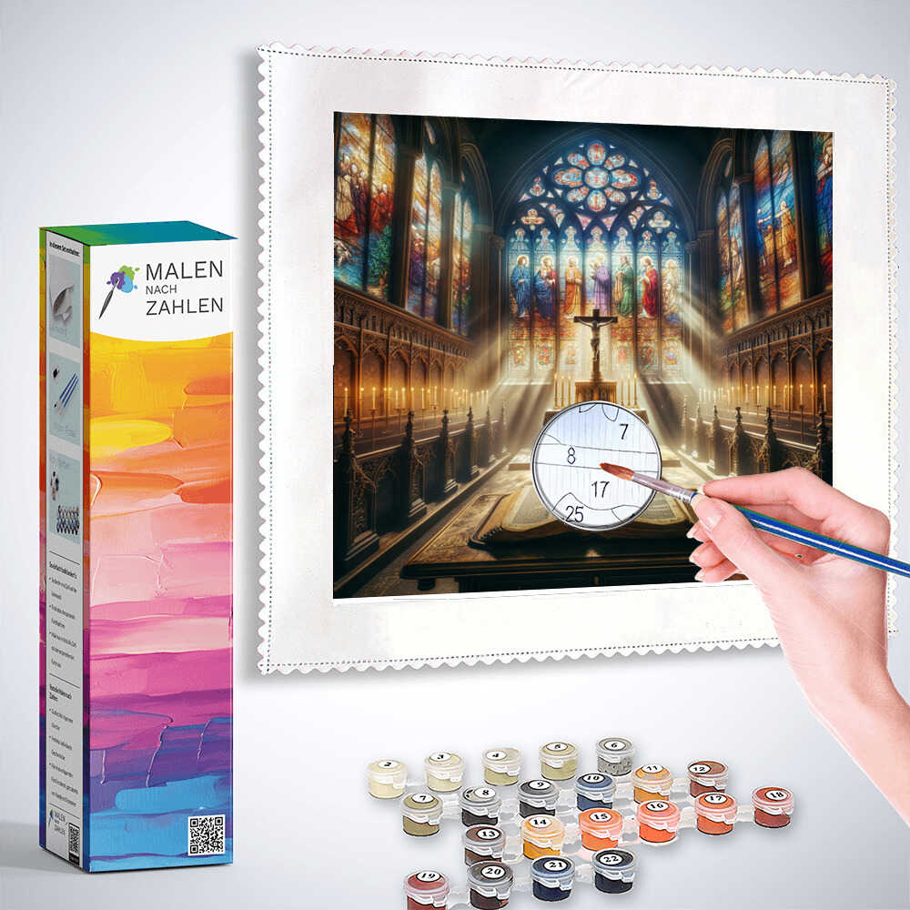 Paint by numbers kit with a hand painting "Erleuchtung im Heiligtum" cathedral scene, showing paint pots and a colorful box.