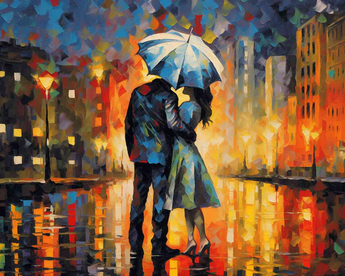 A romantic couple under an umbrella in a vibrant rainy cityscape with gold and red tones, reflecting urban romance and warmth.