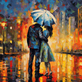A romantic couple under an umbrella in a vibrant rainy cityscape with gold and red tones, reflecting urban romance and warmth.