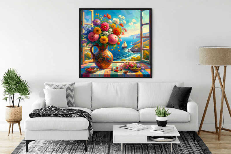 Modern living room with framed 'Malen nach Zahlen - Fensterblick auf das Mittelmeer' painting featuring a Mediterranean seascape and vibrant flowers.