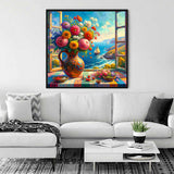 Modern living room with framed 'Malen nach Zahlen - Fensterblick auf das Mittelmeer' painting featuring a Mediterranean seascape and vibrant flowers.