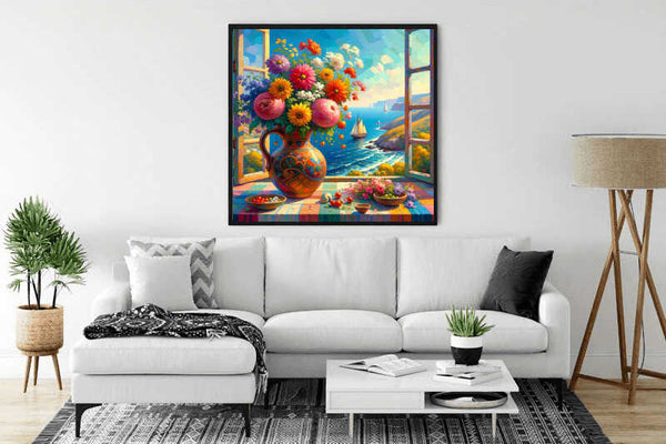 Modern living room with framed 'Malen nach Zahlen - Fensterblick auf das Mittelmeer' painting featuring a Mediterranean seascape and vibrant flowers.