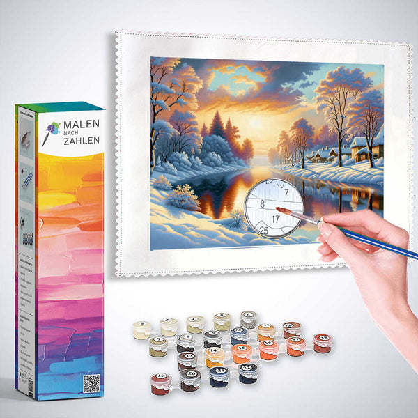 Sonnenaufgang, Schneedorf – Malen nach Zahlen