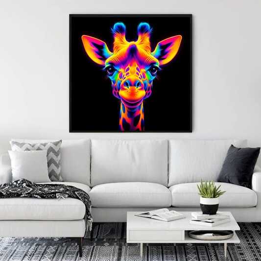 Vibrant neon giraffe painting displayed above a modern white sofa in a stylish living room.