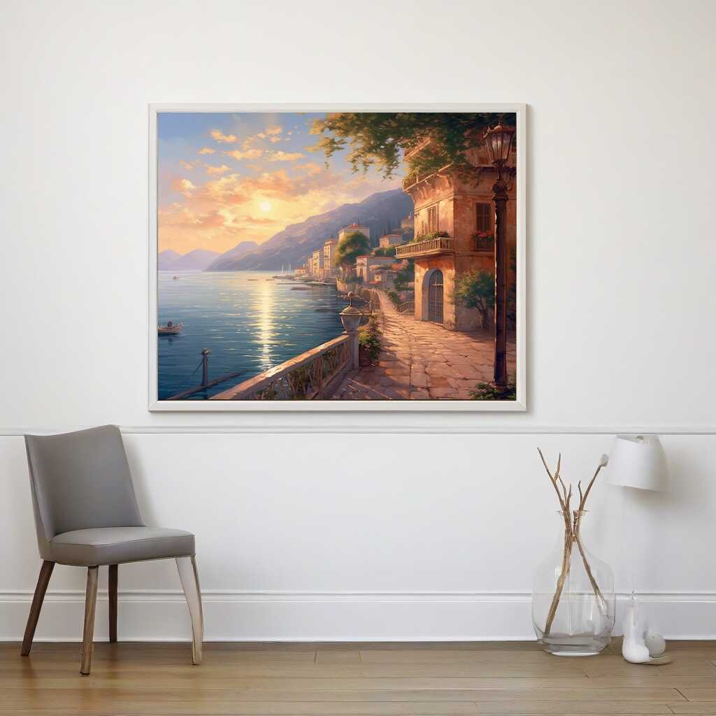 Mediterranes Erwachen Gemälde – Küstenlandschaft mit alten Gebäuden, ruhigem Wasser, und pastellfarbenem Himmel im impressionistischen Stil.