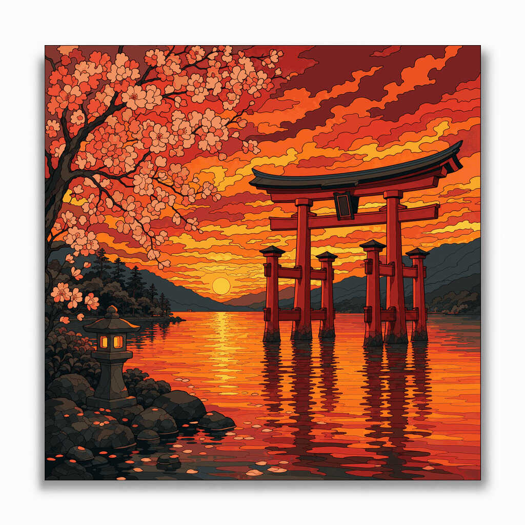 Malen nach Zahlen - Torii im Abendrot