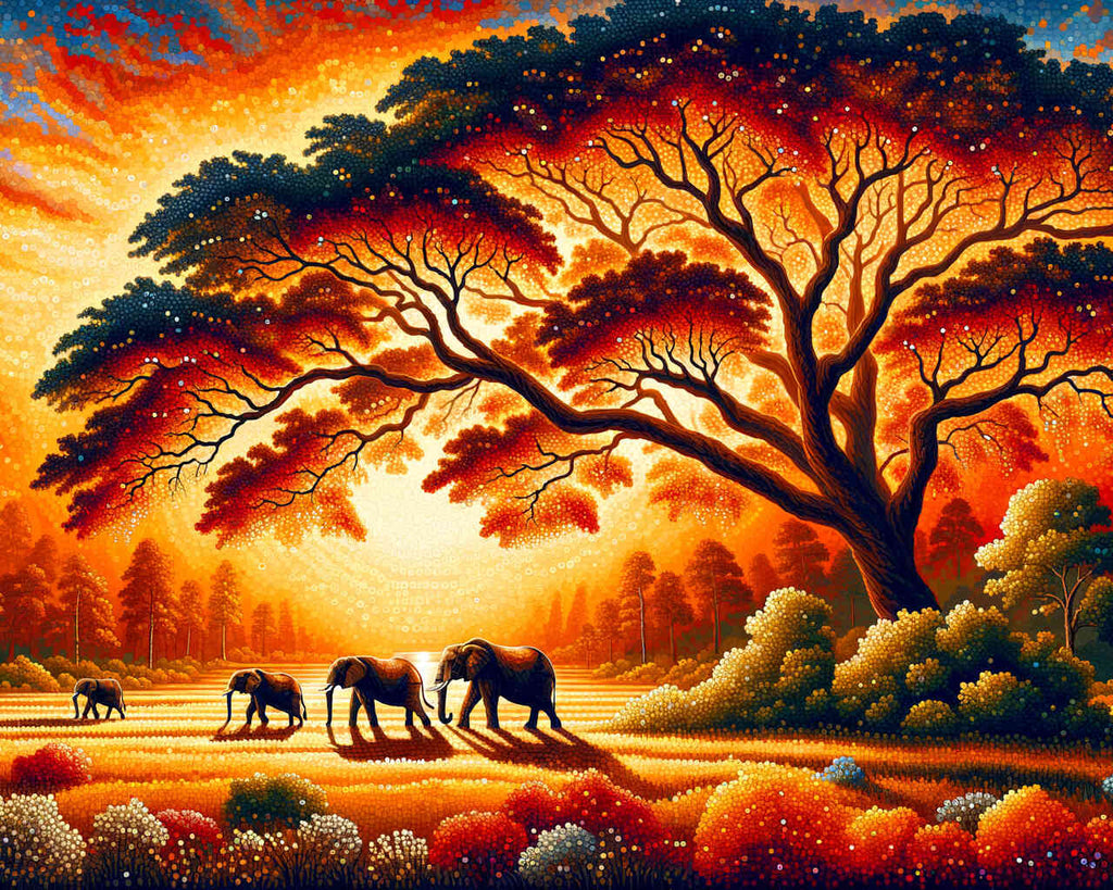 Elefanten im Sonnenuntergang – Malen nach Zahlen