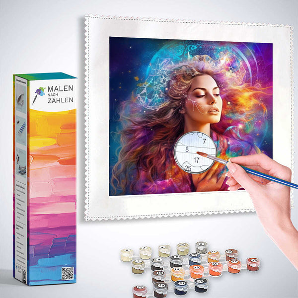 "Malen nach Zahlen - Sternenflüsterin, bunt set with paintbrush and colors"