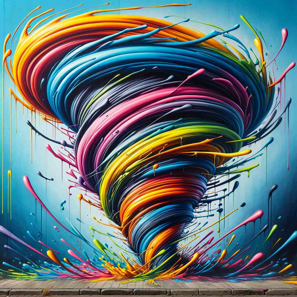Vibrant paint swirl in Banksy style, capturing the essence of passion and creativity in a mesmerizing tornado of colors.