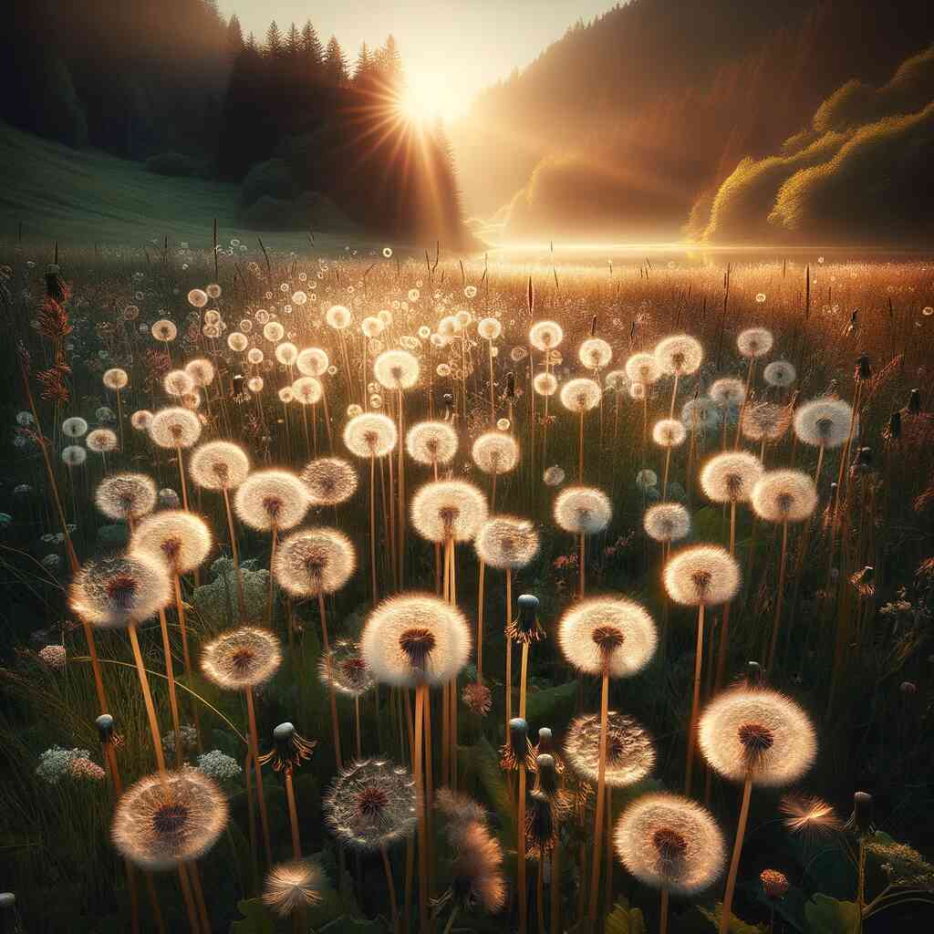 Sonnenaufgang über einem Feld von Pusteblumen im Morgenlicht