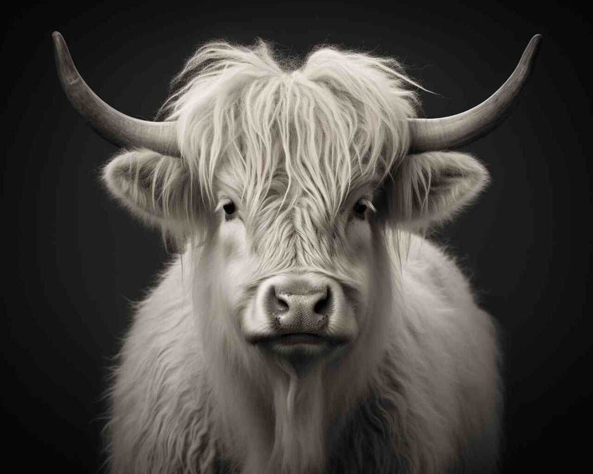 Majestic highland cow with dense white fur, prominent horns, and expressive eyes, captured in monochrome elegance, radiating calm and earthy connection.
