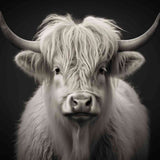 Majestic highland cow with dense white fur, prominent horns, and expressive eyes, captured in monochrome elegance, radiating calm and earthy connection.