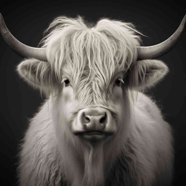 Majestic highland cow with dense white fur, prominent horns, and expressive eyes, captured in monochrome elegance, radiating calm and earthy connection.