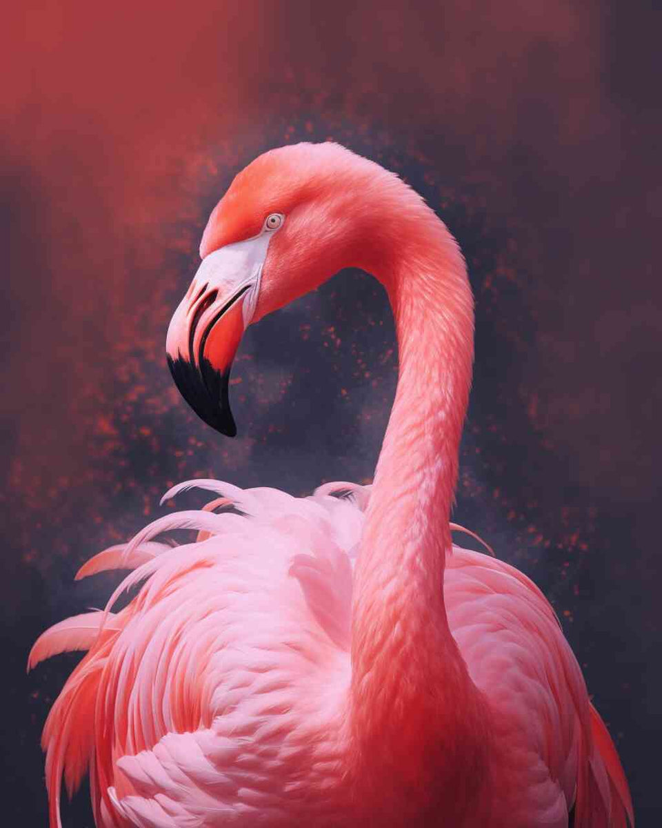 Malen nach Zahlen - Flüstern der Natur - Ein realistisches Bild eines korallenfarbenen Flamingos vor einem sinnlichen roten Hintergrund.