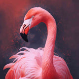 Malen nach Zahlen - Flüstern der Natur - Ein realistisches Bild eines korallenfarbenen Flamingos vor einem sinnlichen roten Hintergrund.