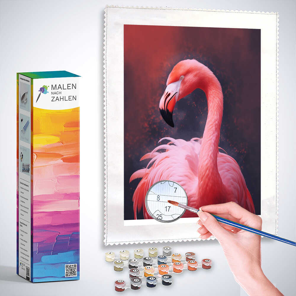 "Malen nach Zahlen Kunstwerk: Flamingo in warmen Rottönen mit Farbkästchen, pinselnd und boxset. Realistischer und romantischer Stil."
