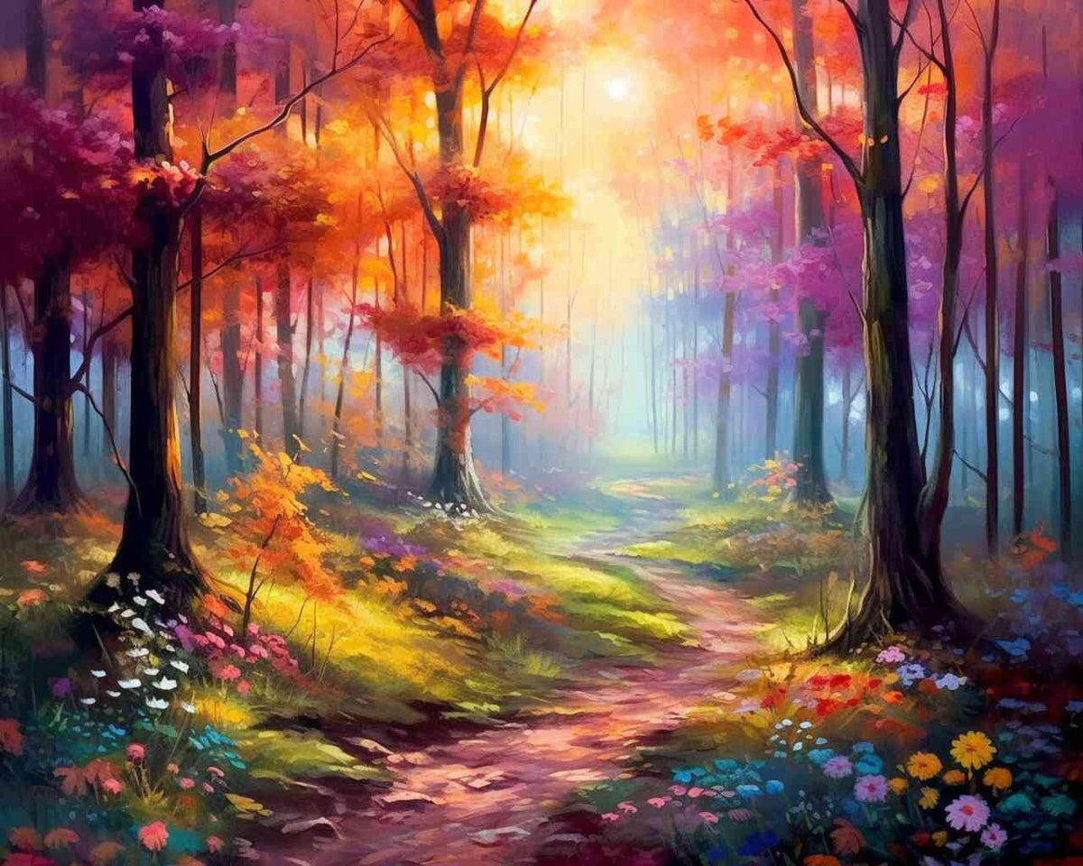 Zauberwald im Morgenlicht, vergangener Weg durch farbenfrohen Wald, karmesinrote und goldene Bäume, Pastellblumenpracht, romantisches Malen nach Zahlen.