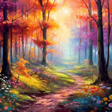 Zauberwald im Morgenlicht, vergangener Weg durch farbenfrohen Wald, karmesinrote und goldene Bäume, Pastellblumenpracht, romantisches Malen nach Zahlen.