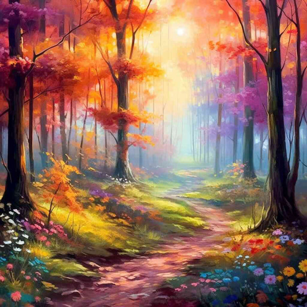 Zauberwald im Morgenlicht, vergangener Weg durch farbenfrohen Wald, karmesinrote und goldene Bäume, Pastellblumenpracht, romantisches Malen nach Zahlen.