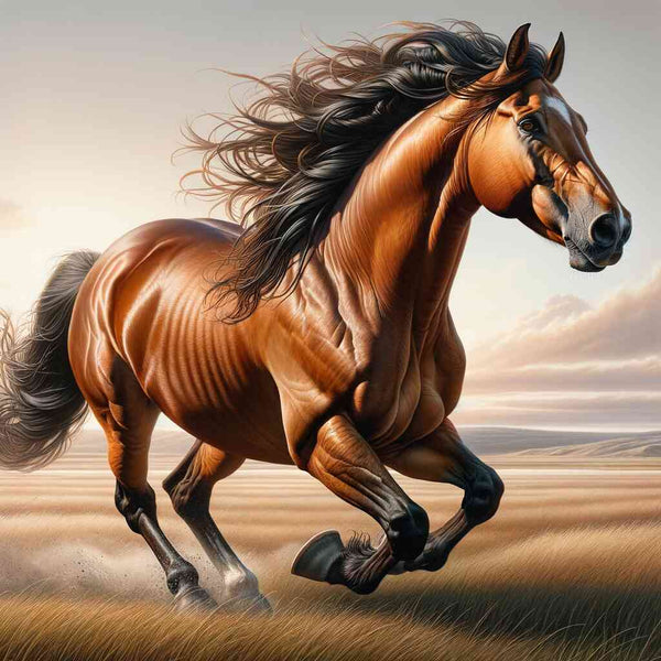 Wild horse running with flowing mane in an open landscape, showcasing the theme of unbridled freedom from the Malen nach Zahlen collection.