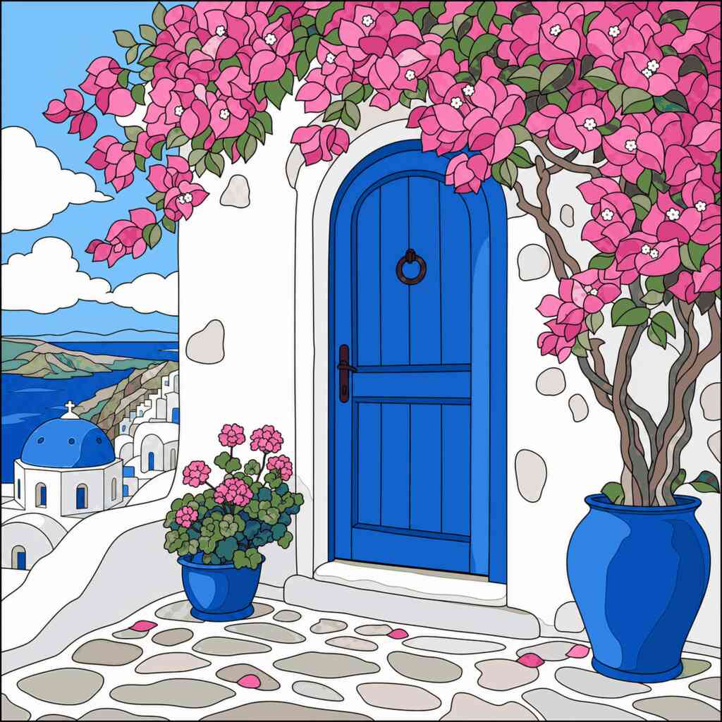 Malen nach Zahlen - Mediterranes Tageslicht – Sehnsucht nach Santorini