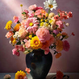 Malen nach Zahlen - Florales Erwachen mit Blumen in dunklem Krug, leuchtende Farben in Rosa, Gelb und Orange