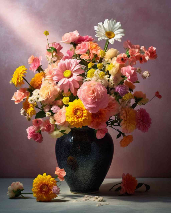 Malen nach Zahlen - Florales Erwachen mit Blumen in dunklem Krug, leuchtende Farben in Rosa, Gelb und Orange