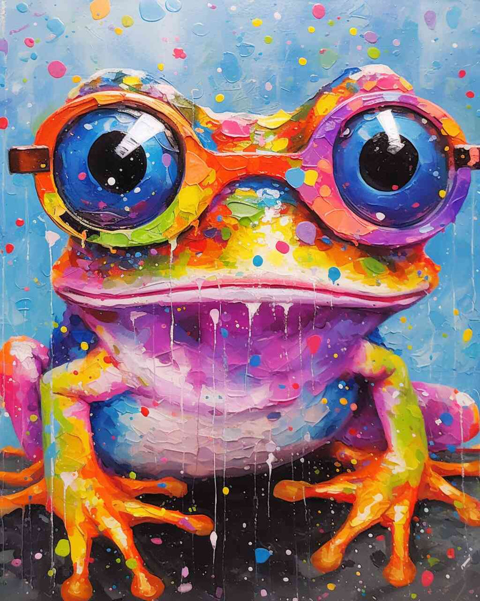Farbenfroh Frosch mit übergroßen Brillenaugen, leuchtende Farbtropfen explodieren im Hintergrund, moderne und expressive Kunstwerk
