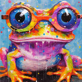 Farbenfroh Frosch mit übergroßen Brillenaugen, leuchtende Farbtropfen explodieren im Hintergrund, moderne und expressive Kunstwerk