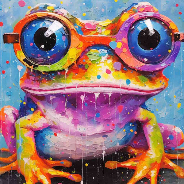 Farbenfroh Frosch mit übergroßen Brillenaugen, leuchtende Farbtropfen explodieren im Hintergrund, moderne und expressive Kunstwerk