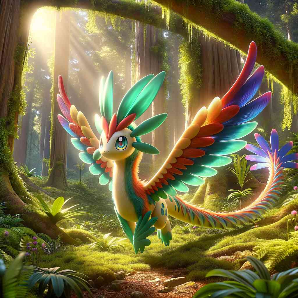 Majestic colorful creature with vibrant wings in an enchanting forest with sunlight filtering through tall trees.