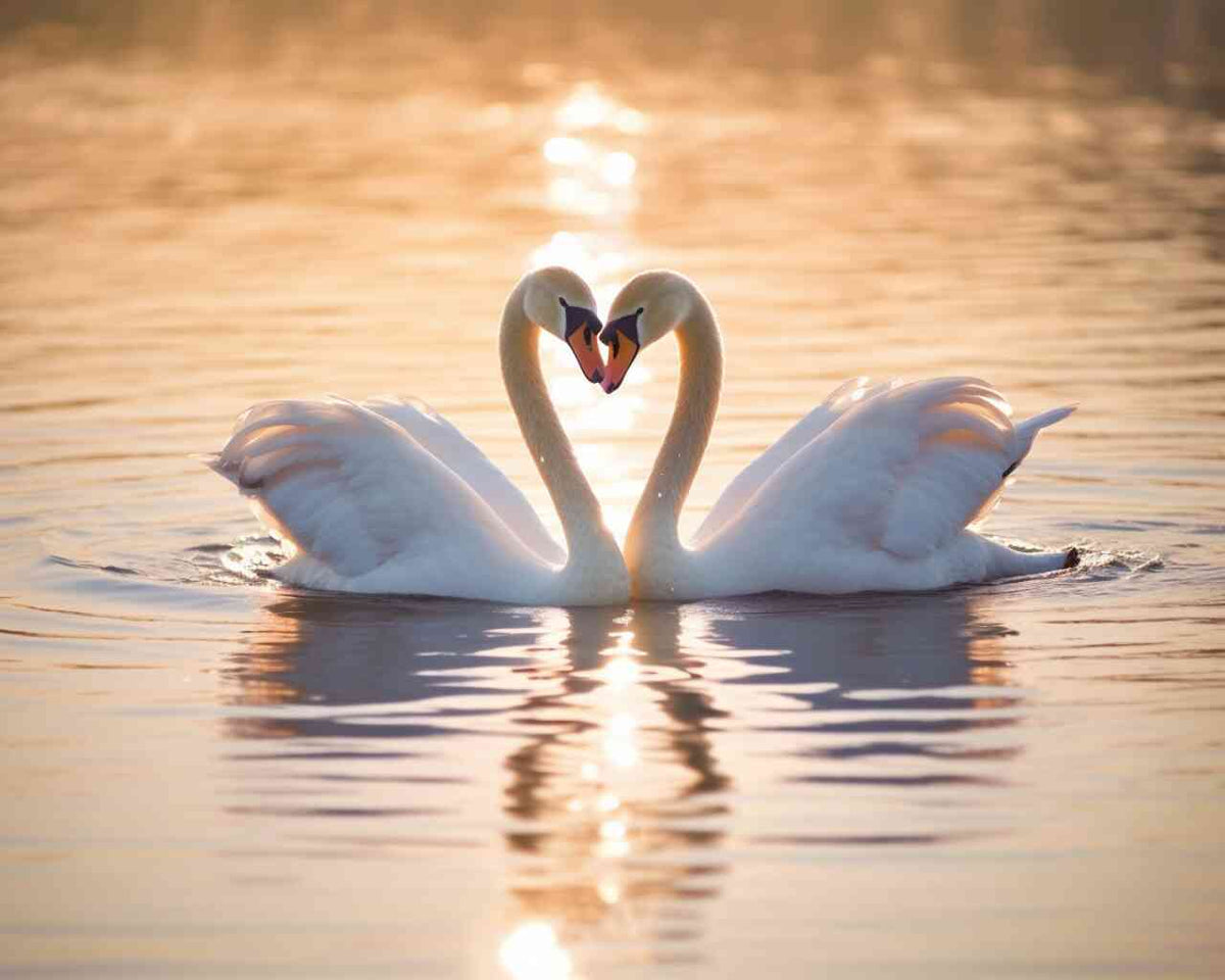 Two swans forming a heart shape with their necks on a calm lake, glowing in the golden evening light, capturing a moment of serene romance.