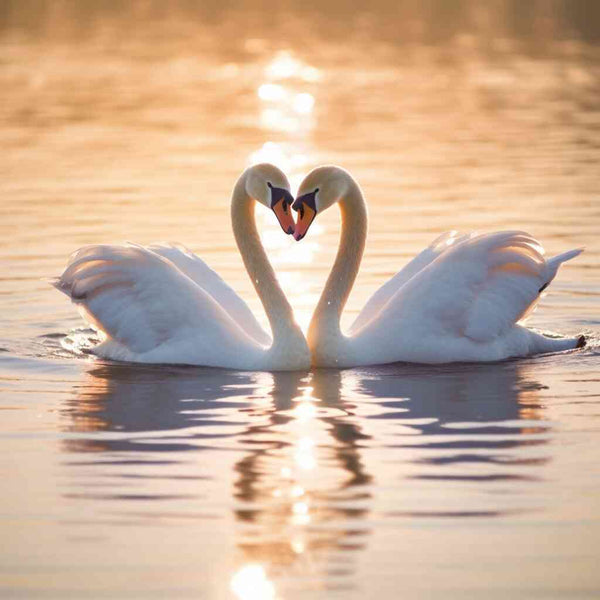 Two swans forming a heart shape with their necks on a calm lake, glowing in the golden evening light, capturing a moment of serene romance.
