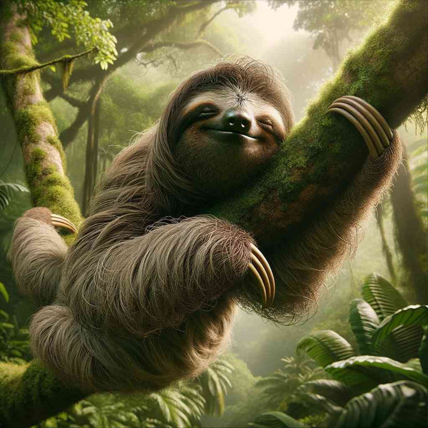 Relaxed sloth hanging on a tree branch in a lush green forest.