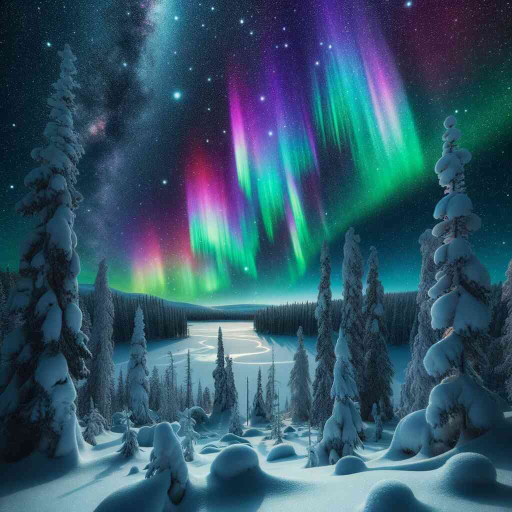 Colorful northern lights illuminating a snow-covered forest and frozen lake at night