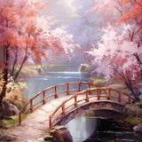Malen nach Zahlen - Brücke ins Verzauberte Gemälde, romantische Holzbrücke über stilles Gewässer, rosa und weiße Blüten, impressionistischer Stil