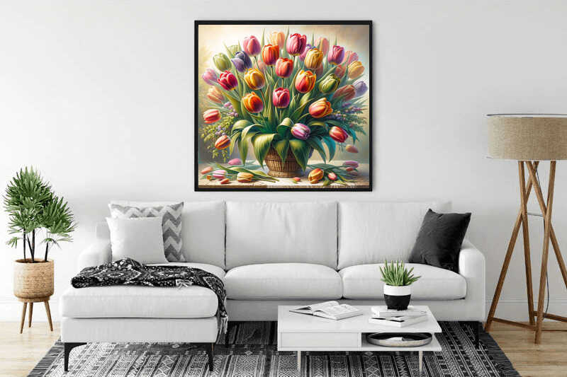 Large framed painting of vibrant tulips adds color and style to a modern living room decor.