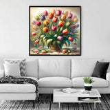 Large framed painting of vibrant tulips adds color and style to a modern living room decor.