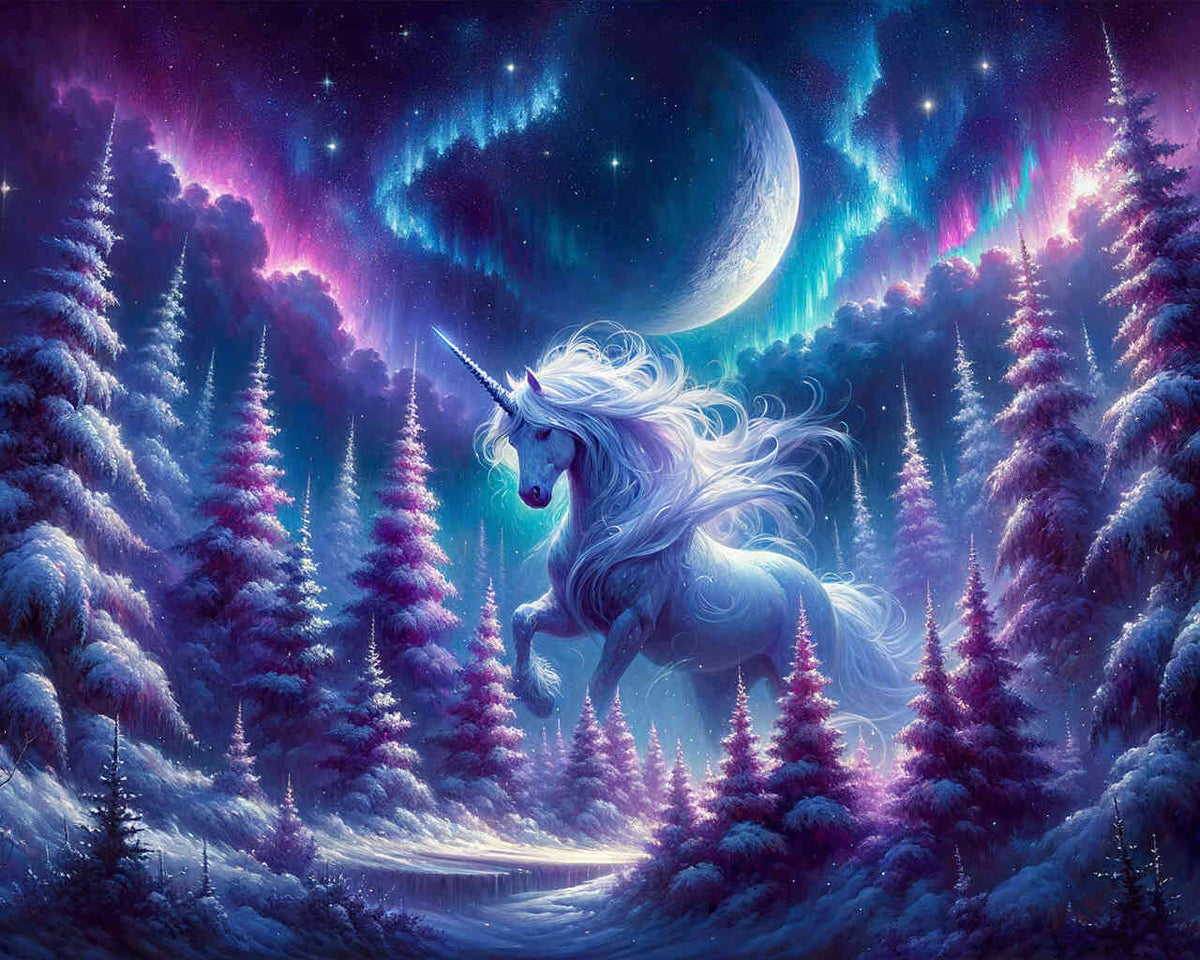 Einhorn im Schnee, Nacht – Malen nach Zahlen