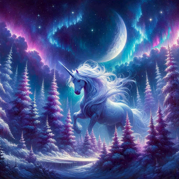 Einhorn im Schnee, Nacht – Malen nach Zahlen