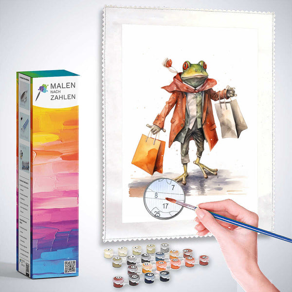 Malen nach Zahlen Produkt "Einkaufsbummel im Froschteich" mit elegant gekleidetem Frosch, Malkasten und Pinseln, ideal für kreative Künstler.