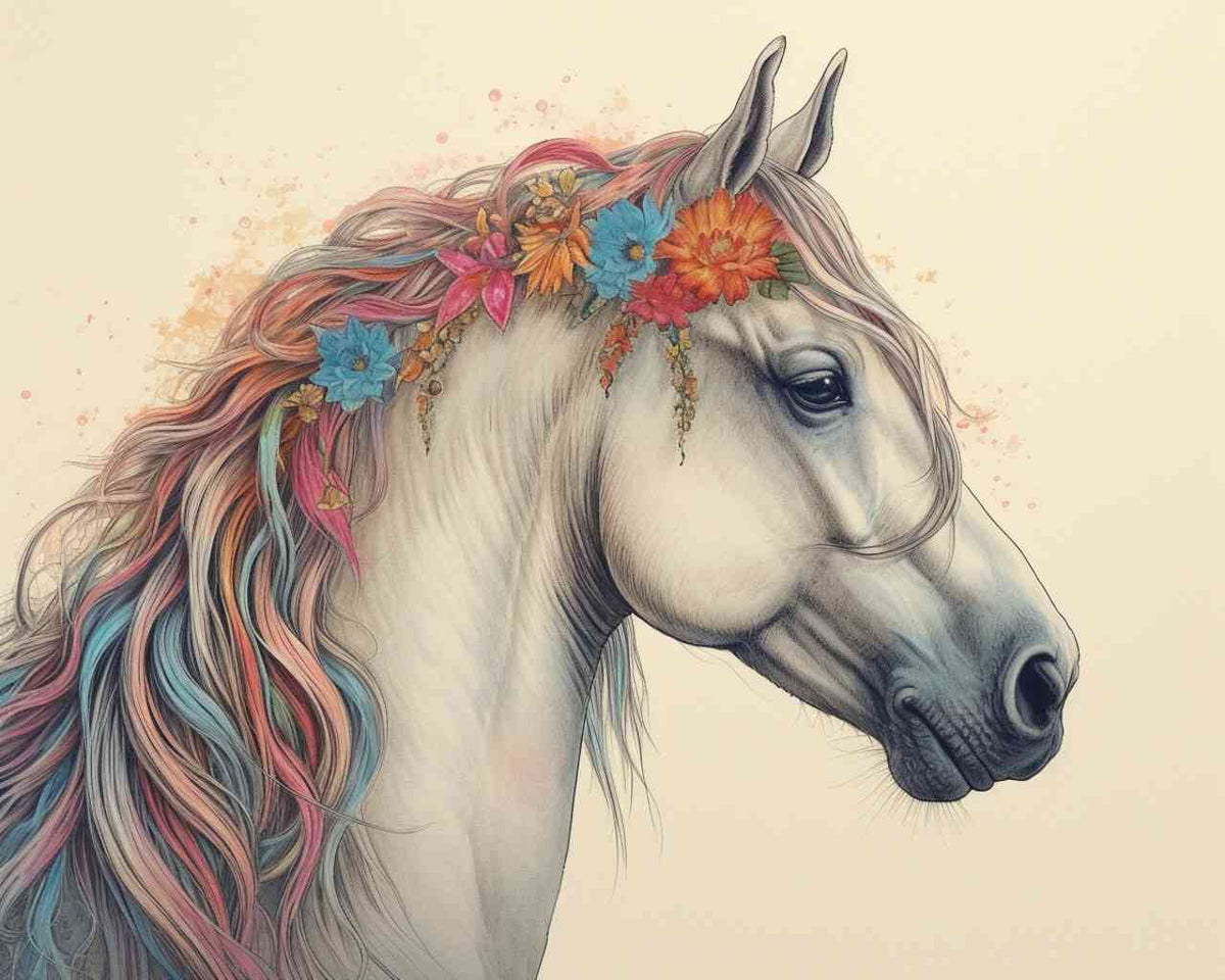 Weißes Pferd mit Blumenkranz und fließendem schimmerndem Haar in warmen Farbtönen, Darstellung der natürlichen Anmut und phantastischem Realismus